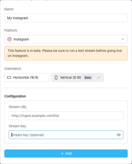 حقلا Stream URL وStream Key لوجهة Instagram.