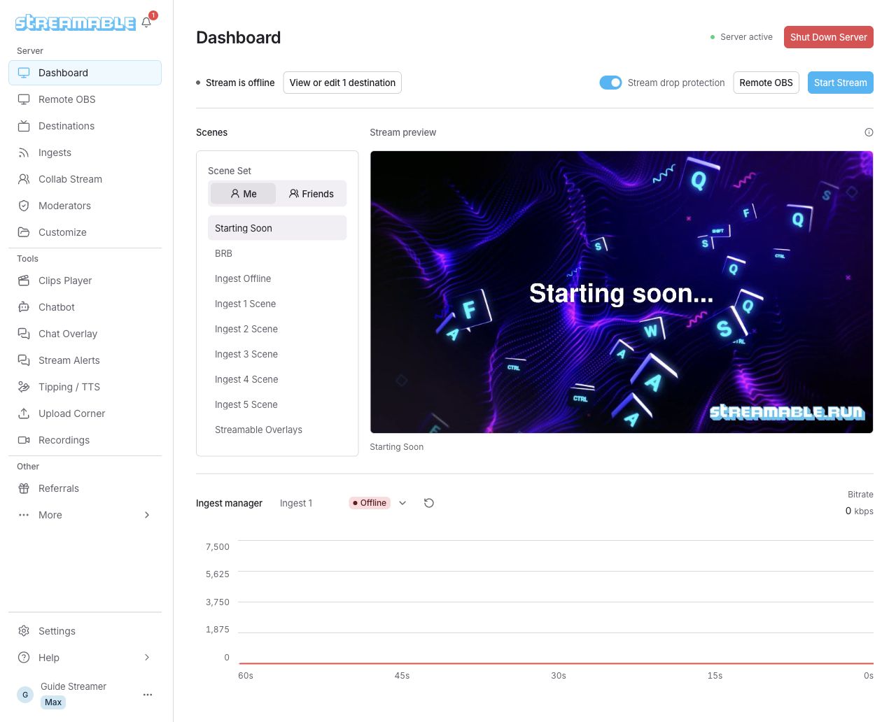 Dashboard يعرض خادمًا نشطًا والمشاهد وStream preview وIngest manager.