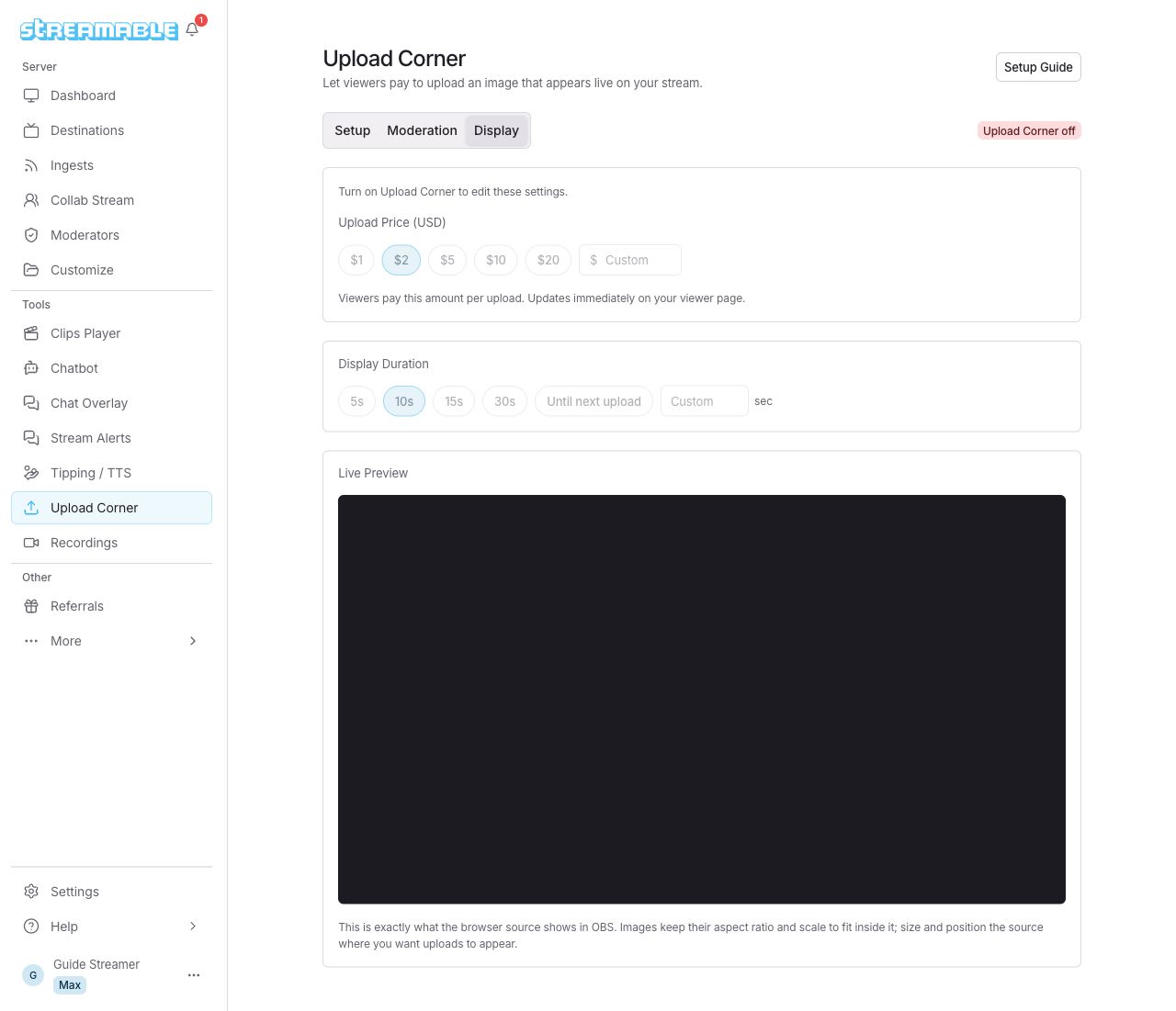 إعدادات عرض Upload Corner عندما تكون الميزة متوقفة.