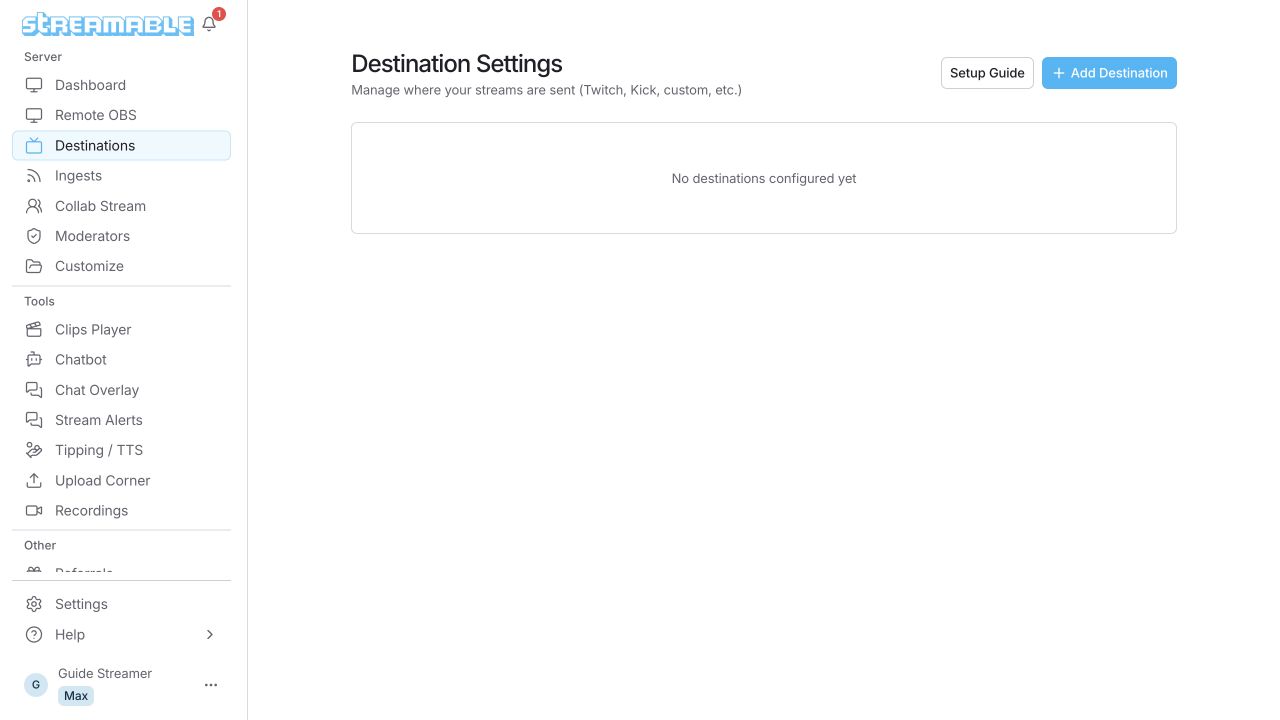 صفحة Destinations مع زر Add Destination.