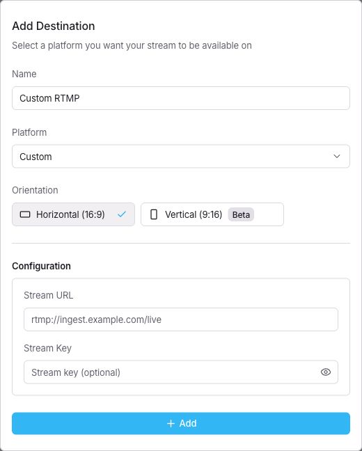 حقلا Stream URL وStream Key الاختياري لوجهة مخصصة.
