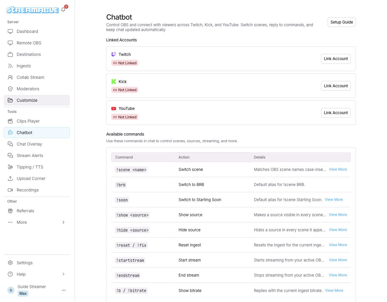 Chatbot قبل الإعداد: حسابات Twitch وKick وYouTube غير مرتبطة.