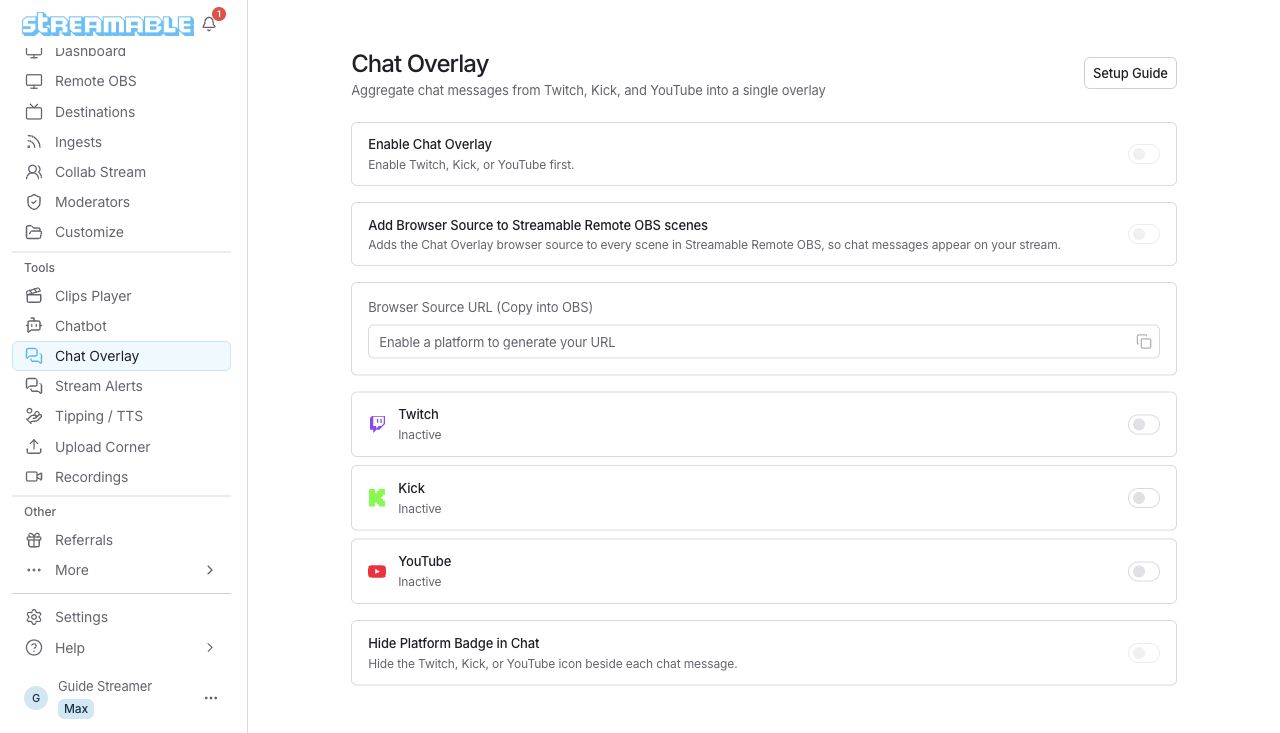 Chat Overlay قبل الإعداد: جميع منصات الدردشة غير نشطة.