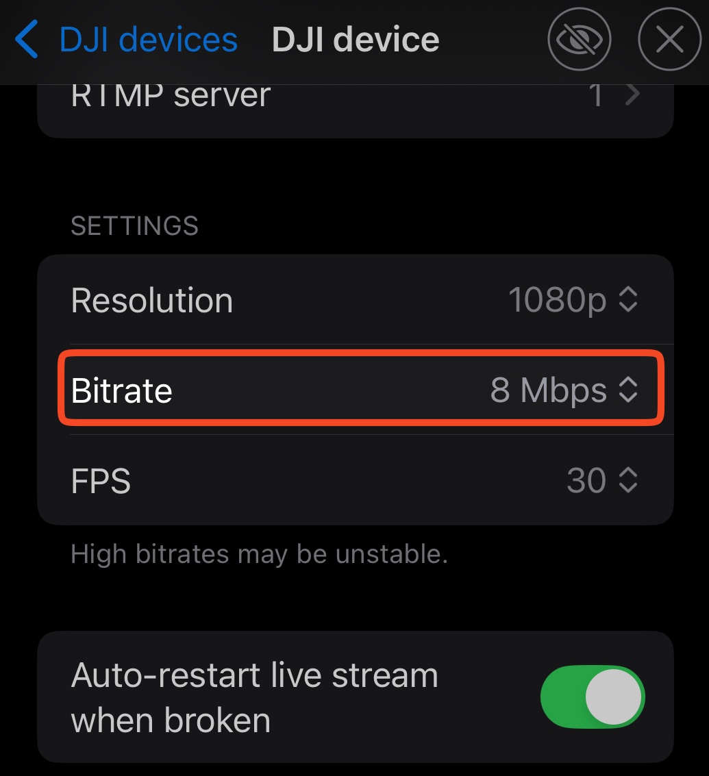 Oppløsning og bitrate; referansen bruker 8 Mbps
