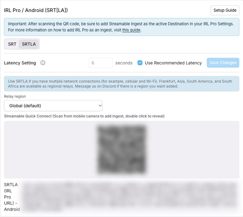 IRL Pro: تم اختيار SRTLA بزمن استجابة 6 ثوانٍ ومرحل Global.