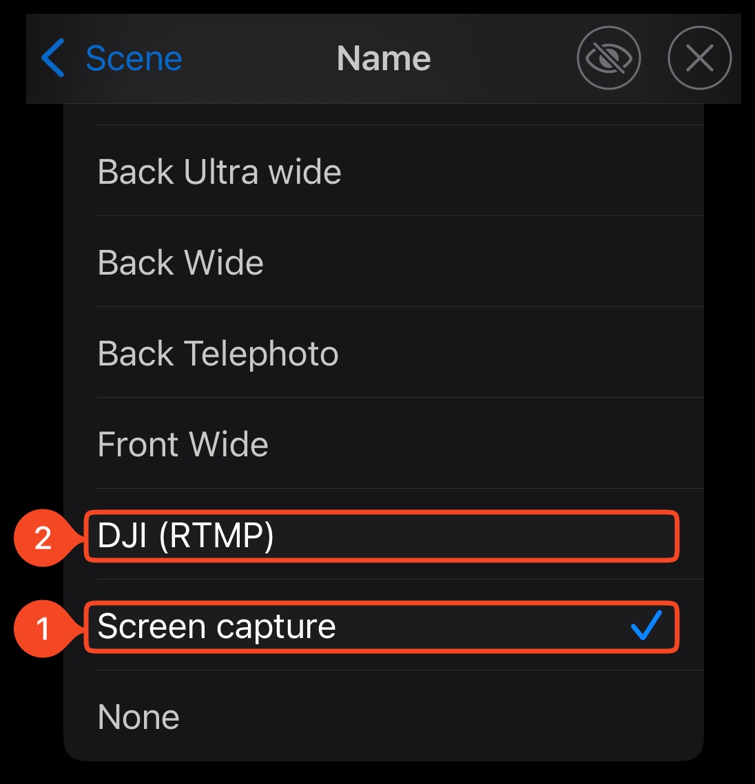 Velg DJI (RTMP) som videokilde