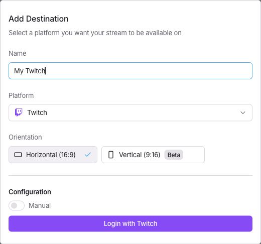 نموذج Add Destination مع اختيار Twitch وإتاحة ربط الحساب.