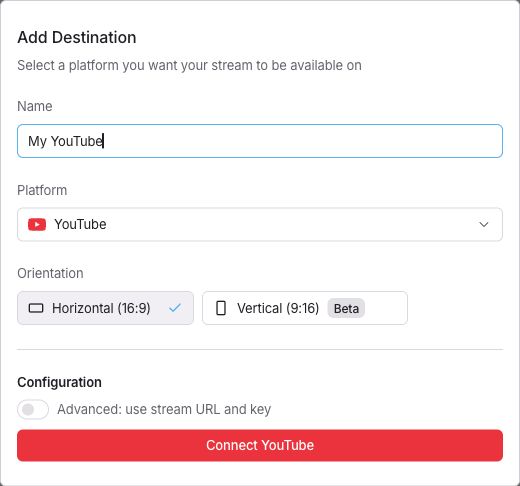 نموذج Add Destination مع اختيار YouTube وإتاحة ربط الحساب.