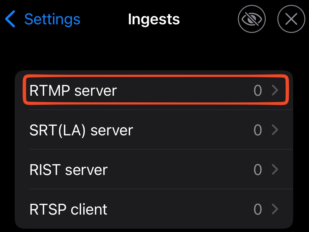 Menyen for RTMP-serveren