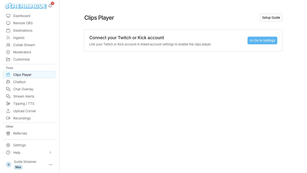 يطلب Clips Player ربط حساب Twitch أو Kick قبل الإعداد.