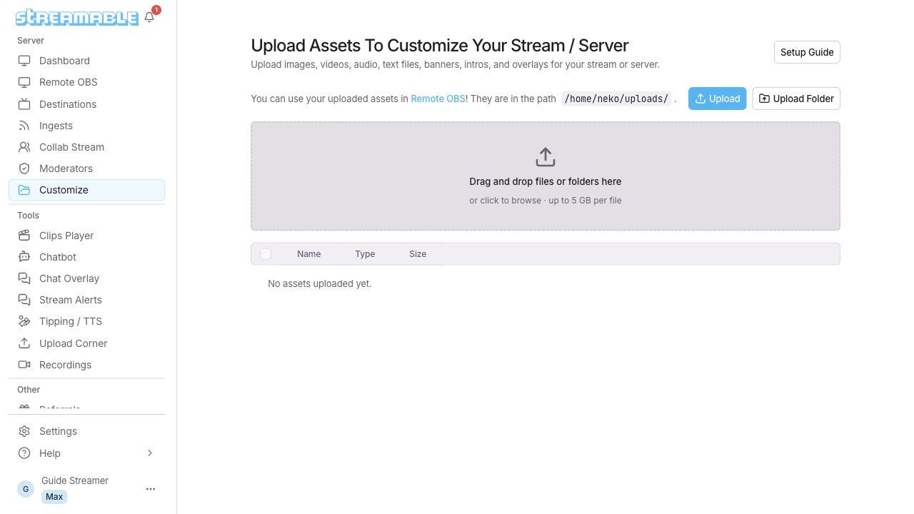 مدير ملفات Customize مع زري Upload وUpload Folder.