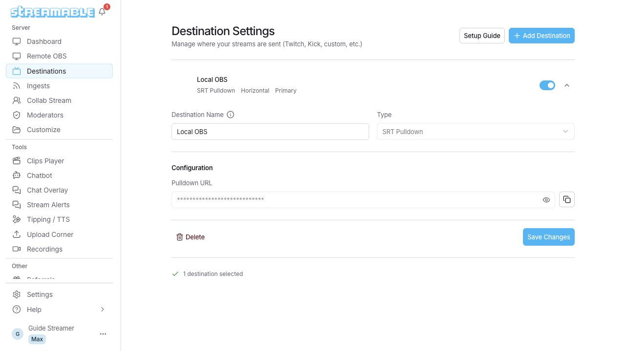 إعدادات SRT Pulldown مع إخفاء Pulldown URL وزر للنسخ.