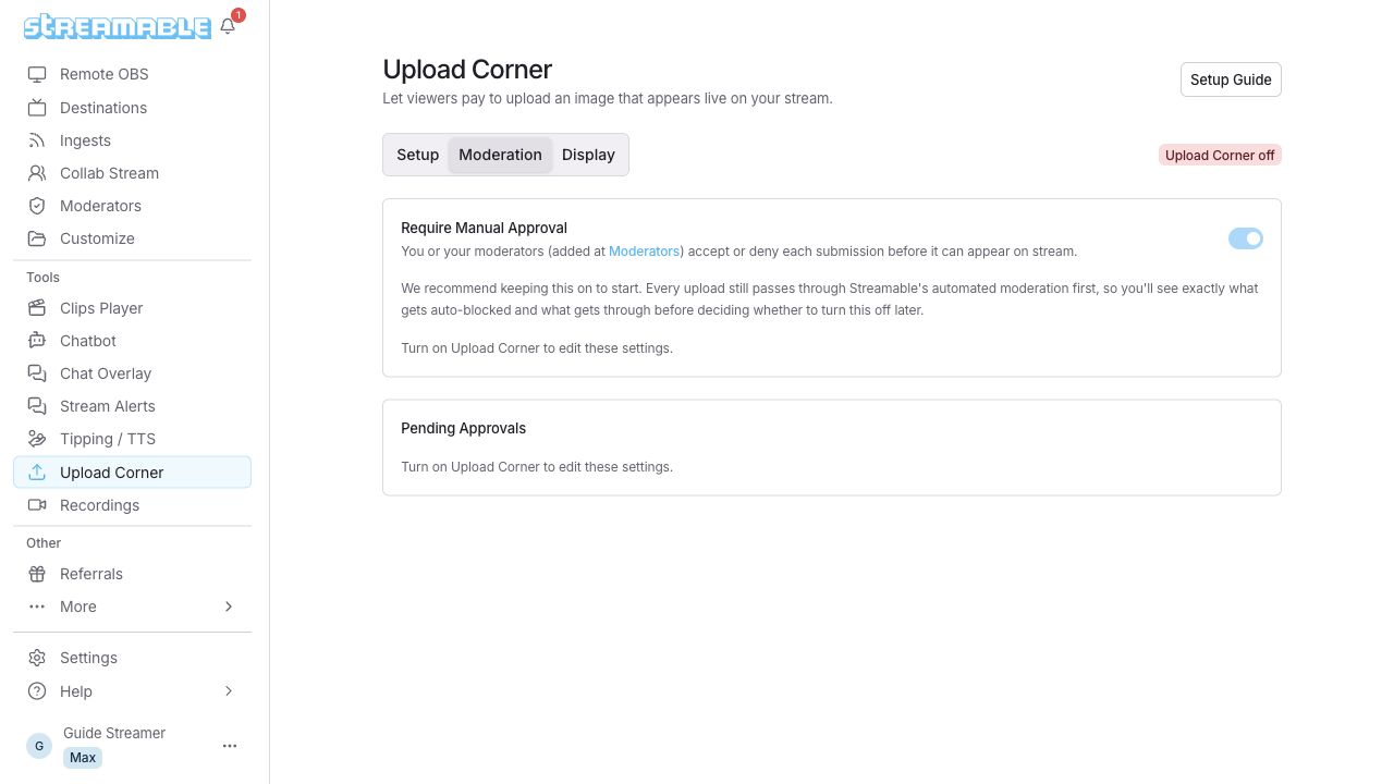إعدادات الإشراف على Upload Corner عندما تكون الميزة متوقفة.