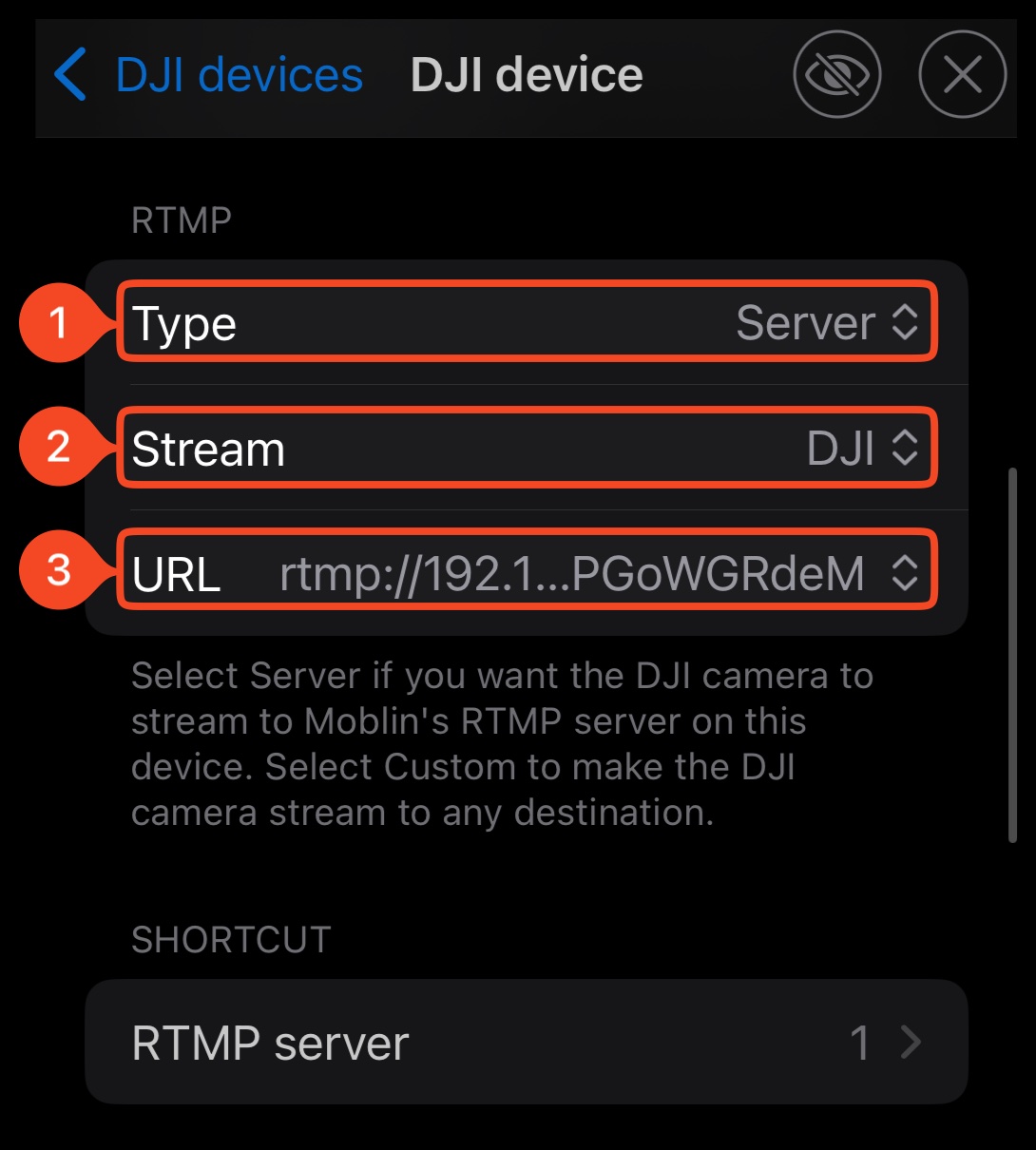 Velg RTMP-server, strøm og URL