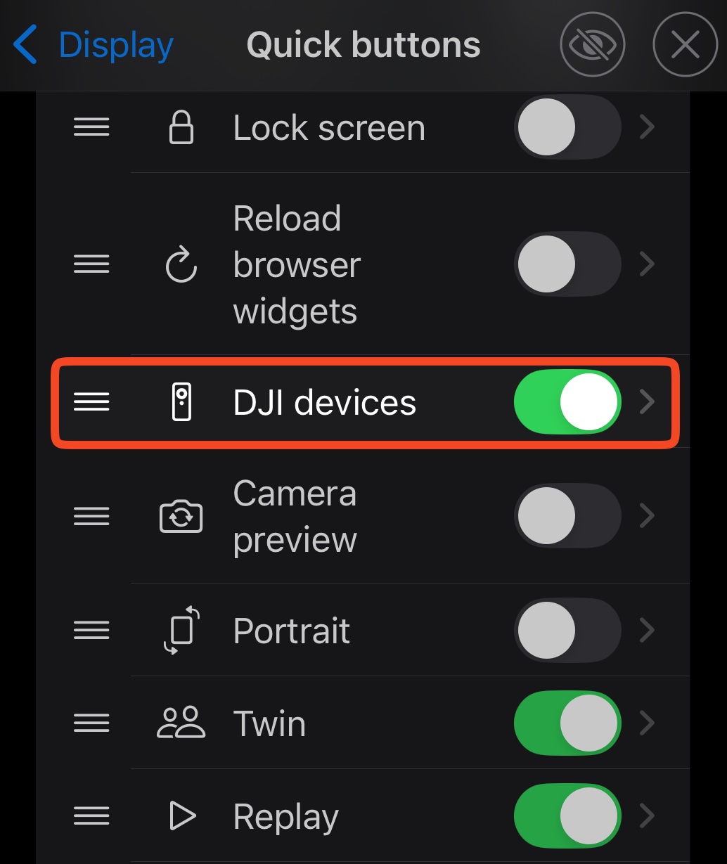 Aktiver hurtigknappen DJI devices
