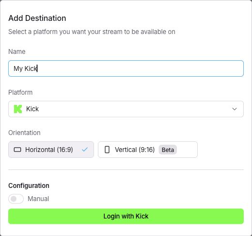 نموذج Add Destination مع اختيار Kick وإتاحة ربط الحساب.